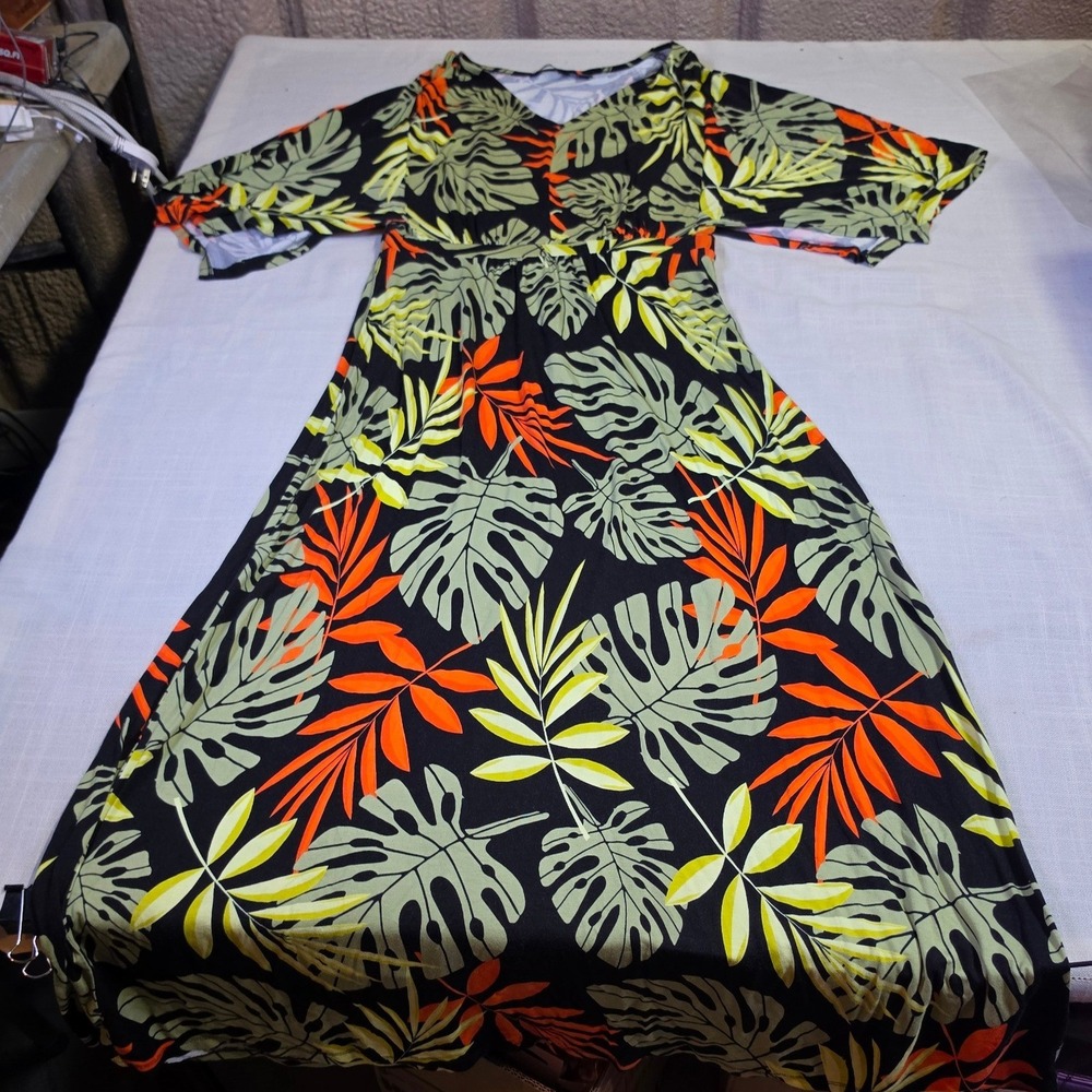 G by Giuliana Tropical Palm Leaf V-Neck Maxi Dress Black Green Orange Size M